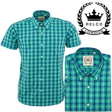 Relco Men's Green Blue Tartan Check Short Sleeve Button Down Collar Mod  Shirt