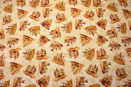 Beach fabric sepia sandcastle - fabric,,