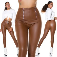 Koucla Ladies Wetlook Leather Faux Leather Thermal Leggings Zips Milax-Fashion