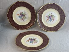 Vintage Soho Pottery Ambassador Ware England Plates Burgundy Floral Gold 10.5”