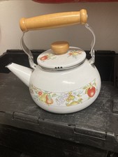 Vintage Retro Enamel Swing Wooden Handle Kettle Fruit decoration Kitch Camping