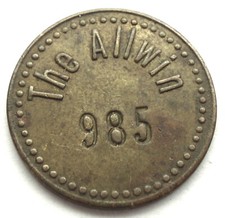 UK, 10 THE ALLWIN 985 1909-1930s Amusement Token 18.25mm 2.2g Brass, Scarce SS13