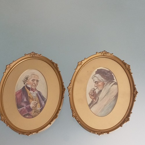 Pair antique watercolour - pair,