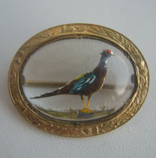 Vintage Mizpah Essex Crystal Reverse Carve Intaglio Hand Painted Pheasant Brooch