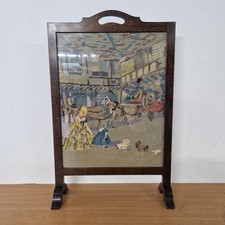 Vintage Wooden Hand Embroidered Fire Screen Guard Wood Fireguard Tapestry
