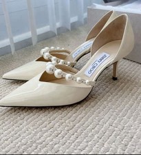 Jimmy Choo Aurelie 65mm Latte Patent Leather Pointed With Pearl Embellishment