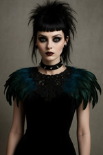 Black Teal Whimsygoth Feather Lace Shoulder Cape Shawl Adjustable Halloween New