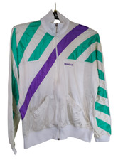 Vintage 80s Reebok Track Jacket White Purple Teal Triacetate Shiny Tennis Top L