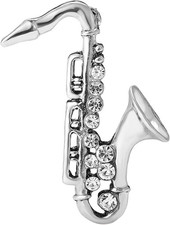 Vintage Saxophone Brooch with Sparkling Rhinestones - Cute Small Alloy Silver 