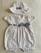 Emile et Rose Baby Girl Romper & Hat Set – 1 Month, White with Navy Dots & Bow