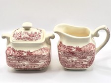 English Ironstone Tableware / Staffordshire / Lidded Sugar Bowl & Creamer / VGC