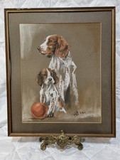 Original Pastel – Two Spaniels with Ball – Signed PW 1987 – Framed Dog Portrait