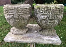 Pair Of Vintage Cast Stone Urn Planter Pot Greek Key Grapes - Weathered & Worn
