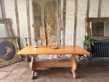 Vintage Rustic Oak Arts & Crafts Trestle Refectory Kitchen Dining Table Seats 8