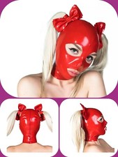Red Latex Rubber Hood Mask Hair Hole Rear Zip With Bow Fetish Club Wear Cosplay