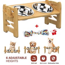 Dog Food Feeding Stand Station Stainless Double Raised Bowls Wooden-Holder UK
