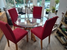 Round Glass Dining Table with wooden fee& 4 Red Ghost Chair Set! Great Condition