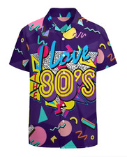 Mens Button Down Shirts Funny 80's Printed Hawaiian Tops Novelty Ugly Gag Gifts