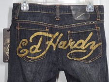 NWT ED HARDY Womens 27 Tattoo Bootcut Jeans Dark Wash Christian Audigier 30x34