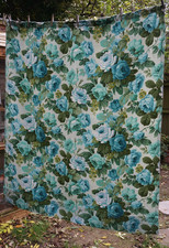 Beautiful 1930/40's Blue Cabbage Rose Slub Linen Sanderson Fabric/Curtain.