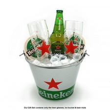 Heineken Glass Gift Set - 2 Nucleated Red Star Pint Glass Ice Bucket 2 Beer Mats