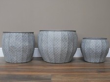 Set Of 3 Galvanised Metal Zinc Planters Large Round Dolly Tub Garden Drum Pots