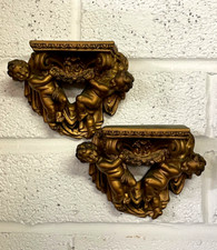 Pair of Vintage Cherub Wall Sconce, Shelves, Gesso Chalkware with Gilt