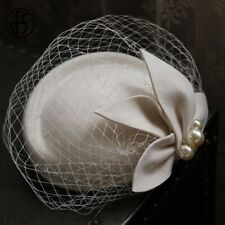 Women Wool Felt Face Veil Fascinator Hats Bridal Beret Cap Hat Wedding Pearl