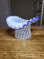 Vintage Fenton French White Opalescent Spiral Cobalt Blue Ridge Hat Vase