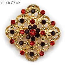 NEW GOLD FAB FLOWER BOUQUET BROOCH RED DIAMANTE CRYSTAL WEDDING PARTY PIN BROACH
