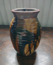 Decorative Stoneware Ridged Vase with Multi-coloured Glaze Signed  JS 17cm Tall