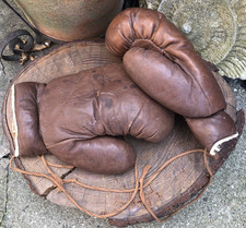 Vintage pair of 1930's English leather boxing gloves by Sykes of Norbury pre war