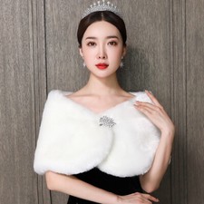 Women Bride Faux Fur Shawl Wrap Rhinestone Cape Shrug Bolero Fluffy Wedding