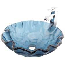 Bathroom 16.5" Glass Vessel Sink Artistic Vanity Countertop Round Basin Blue