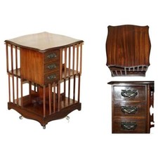 LIBERTY'S LONDON ART NOUVEAU HANDLES ANTIQUE REVOLVING BOOK CASE TABLE DRAWERS