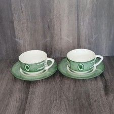 Set of 2 Royal China Colonial Homestead Green Transferware Cups & Saucers 