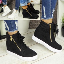 Ladies Hidden Wedge Trainers Womens Sneakers Lace Up Comfy Classic Bling Shoes
