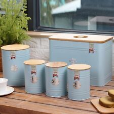 Metal Blue Tea Coffee Sugar Bread Canisters/Bins Kitchen Storage Wooden Lid