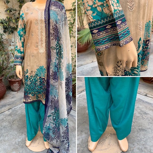Pakistani beige teal printed - pakistani,