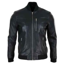 Mens Black Lambskin Leather Bomber Jacket