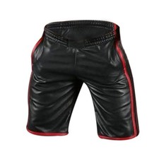 Mens Sports Gym Shorts Soft Sheep Black Leather Shorts With Slash Pockets UK