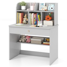 COSTWAY Kids Wooden Study Desk Children Writing Table with Hutch & Drawer-Grey