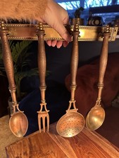 Vintage Brass & Wood Kitchen Utensils Set With Wall Rack c1970s Rustic Decor