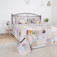 Indian Handmade Silk Patchwork White Kantha Quilt Boho Queen Size Bed Quilts