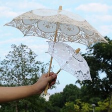 1xWomen White Beige Parasol Bridal Embroidered Lace Umbrella Wedding Party Props