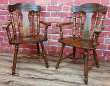 Pair of Vintage Wooden Farmhouse Carver Chairs – Rustic Spindle Back Design