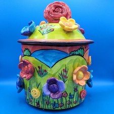 Mary Rose Young  Signed Lidded Ceramic large Pot Countryside and flowers design