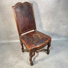 Antique Victorian Renaissance Revival Oak Hall Chair c.1880s Tooled Leather Seat