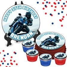 Motorbike Leaning PERSONALISED Birthday Edible 8 Inch Icing OR Cupcake Toppers