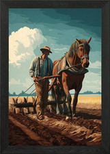 Horse-Drawn Plow in Field